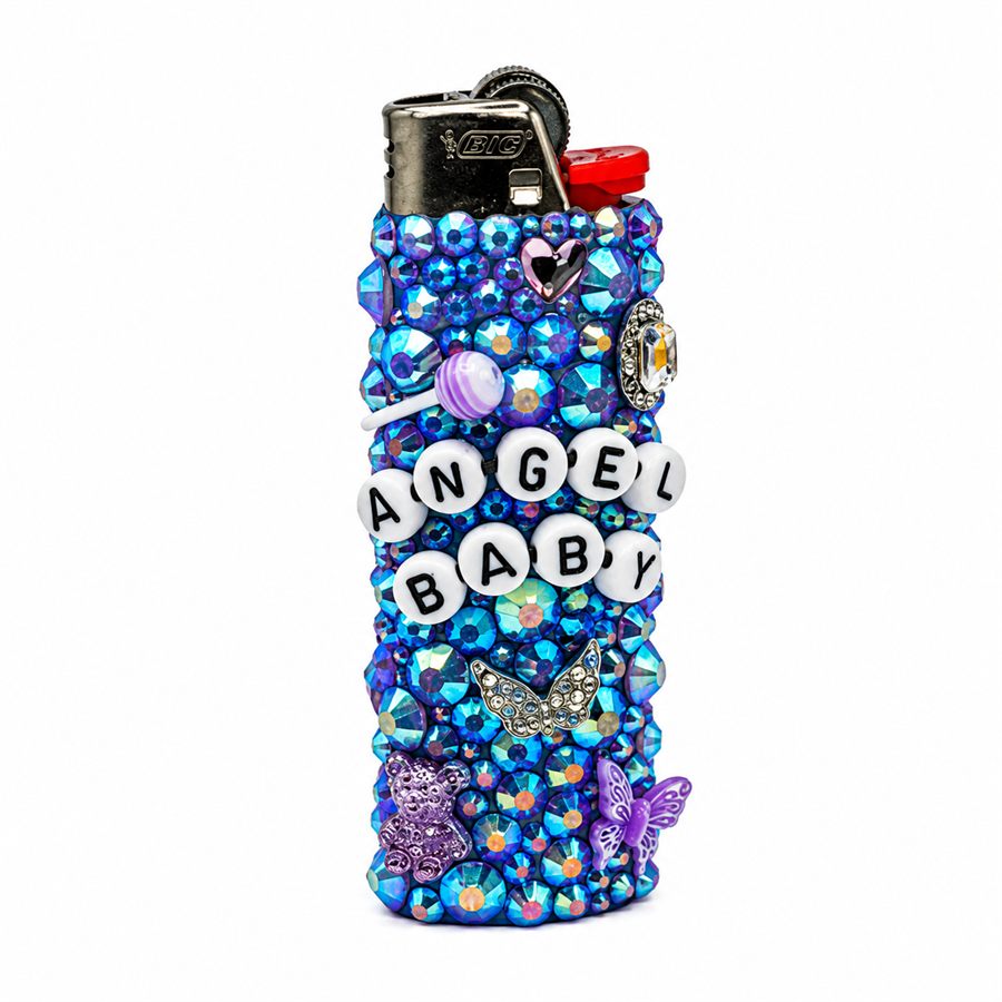 Angel Baby: blue and violet jeweled lighter with letter beads and butterfly charms
