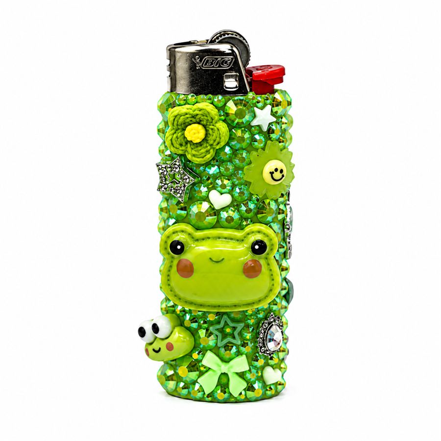 Froggy: lime-green jeweled lighter with frog charms