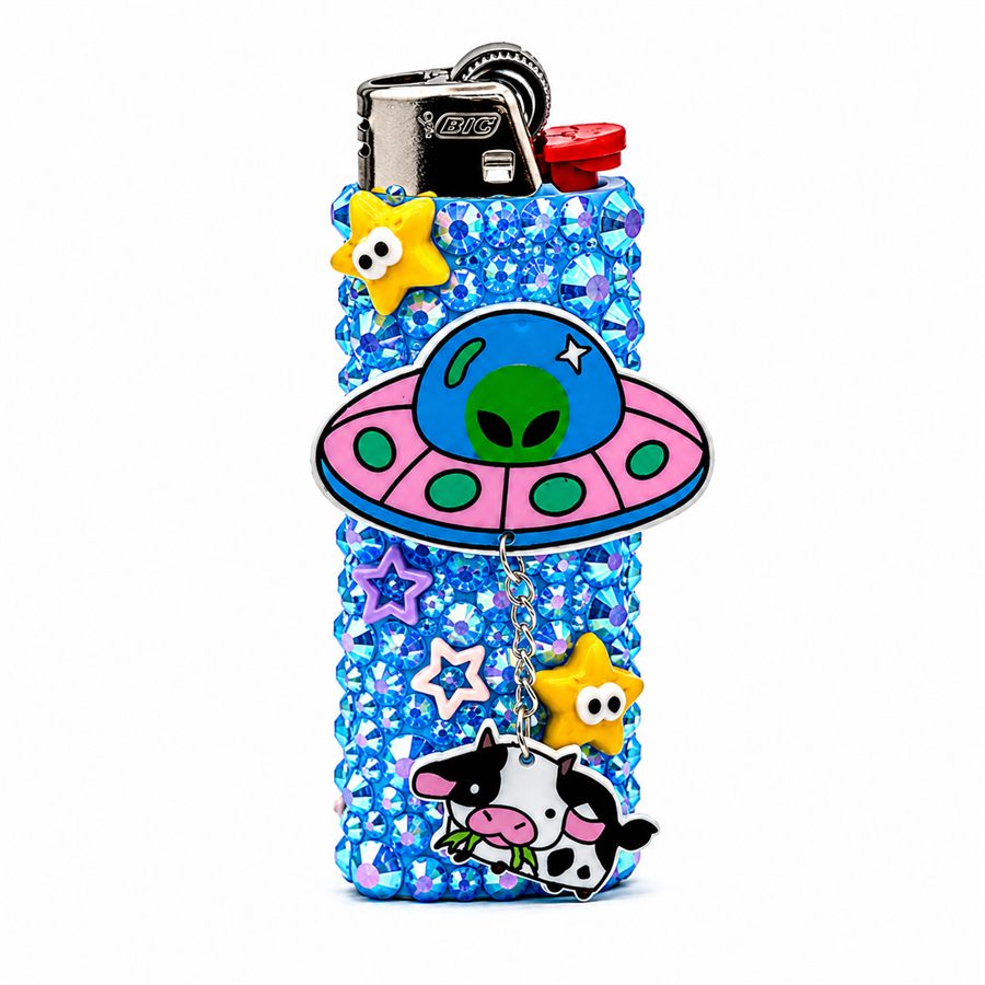 UFO: bright blue crystal lighter with alien spaceship and star charms